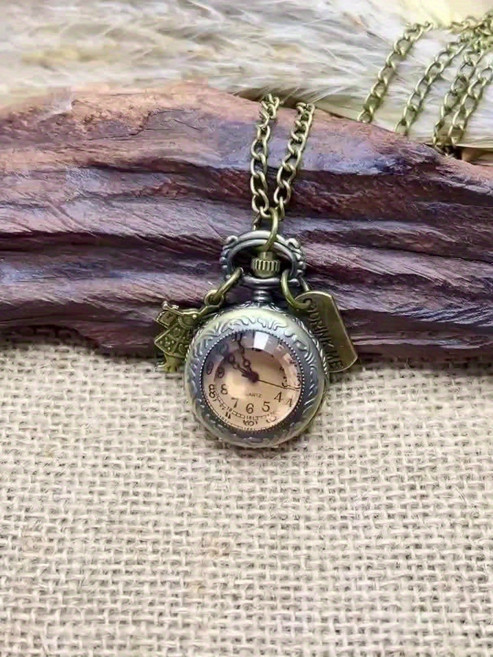 Vintage Bronze Quartz Pocket Watch For Women, Retro Alloy Case, With Rabbit And Tag, Gift For Men And Women