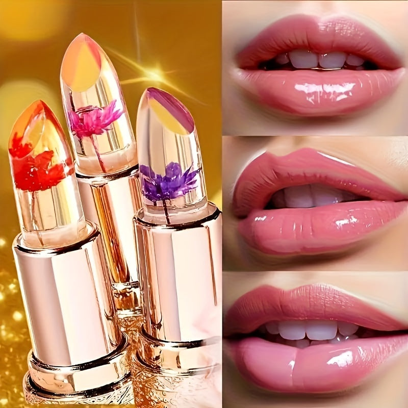 3 PCS Set of Petal-Shaped Color-Changing Jelly Lipsticks, Long-lasting Moisturizing and Fade-Resistant Lipsticks Women Female Make Up Accessories Korean Cosmetic Supplies