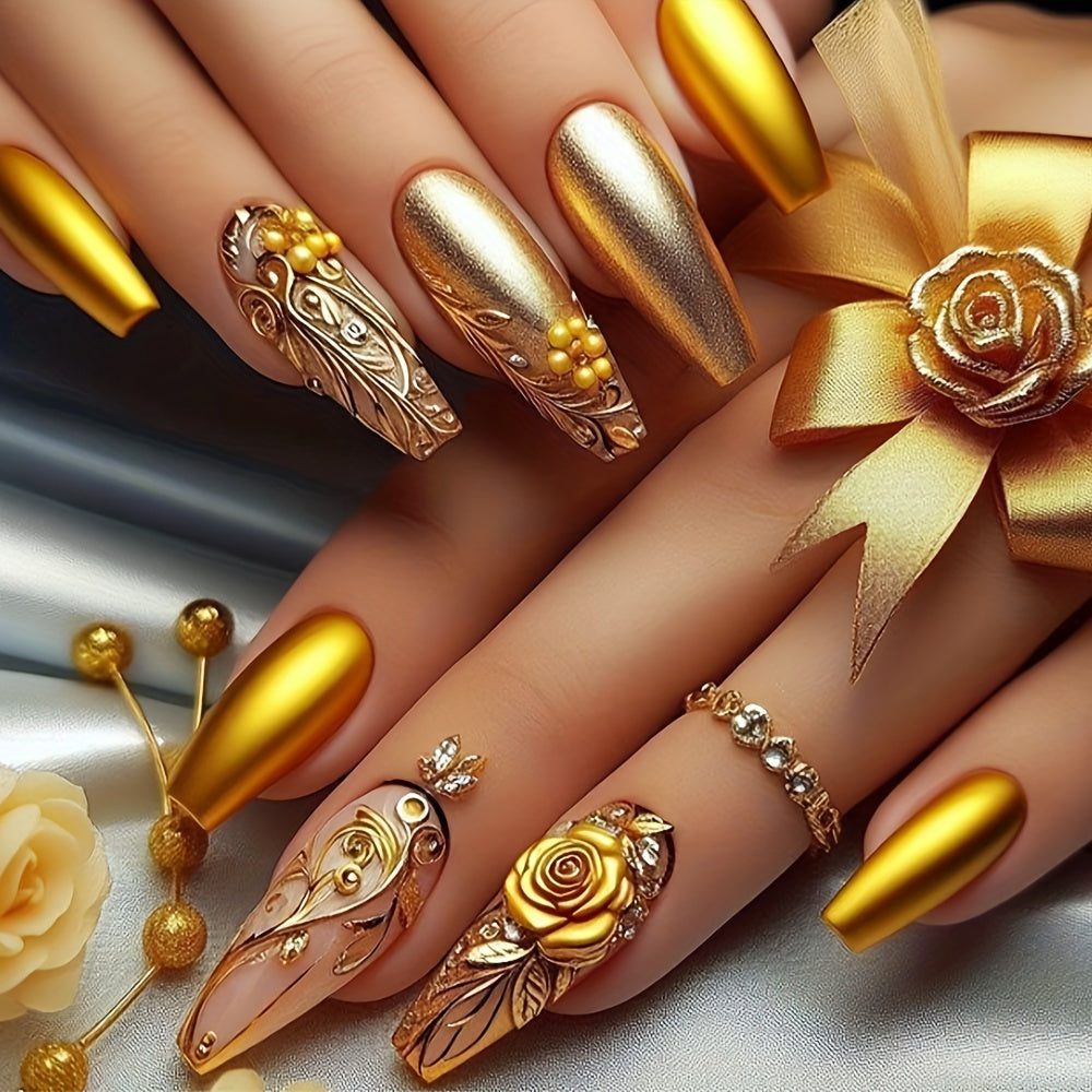 24 PCS Set Medium Pieces Ballet Fake Nails, Luxury Golden Embossed Rose Flower Wear Nail Design, Glazy Nail Patch Detachable Fake Nail