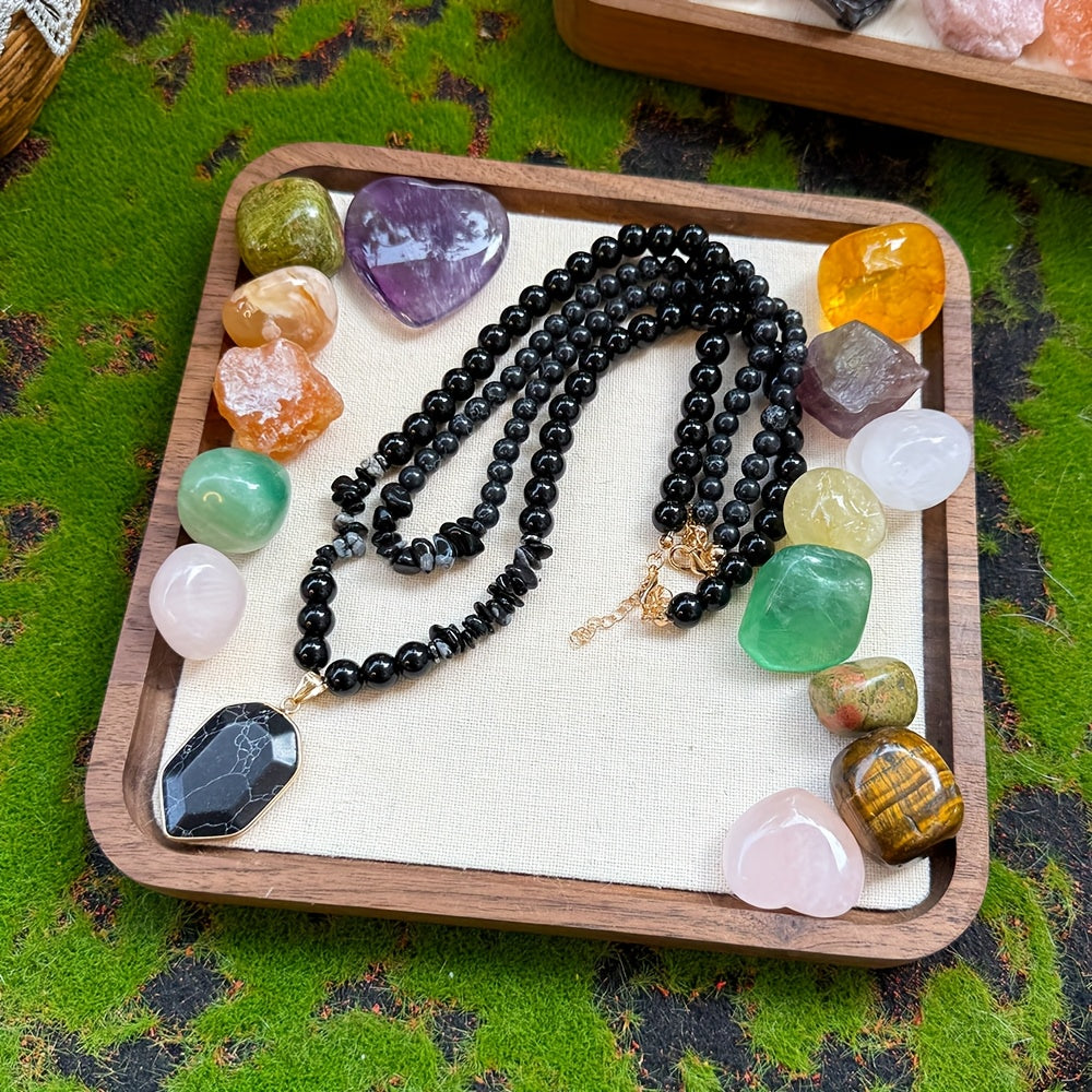 2 PCS Set Grounding Protection Black Obsidian Beaded Necklace, Natural Stone Pendant Double Layered Layered Necklace Set, Women's Fashion Jewelry Gift, Suitable for Giving to Family or Friends