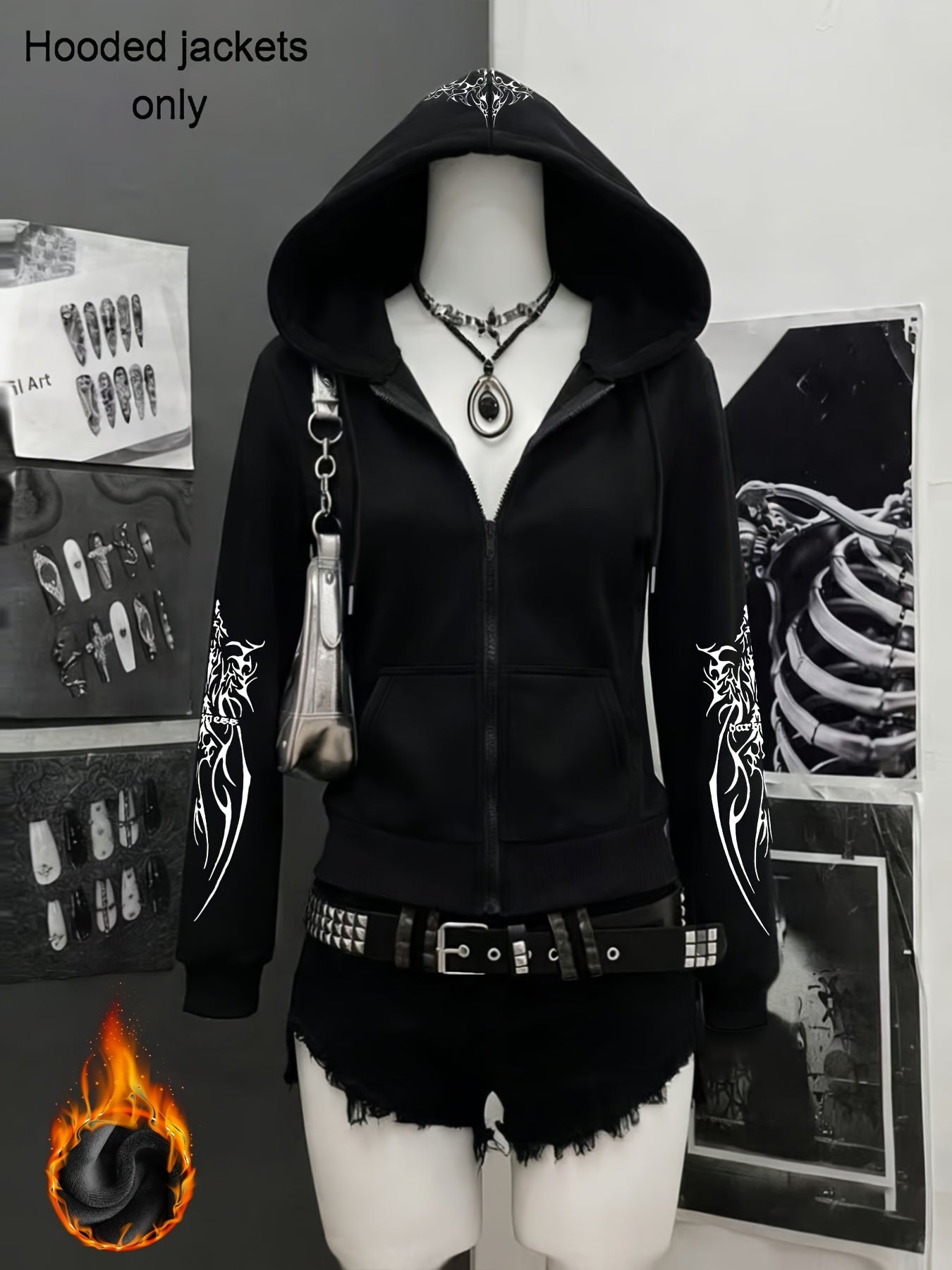 Autumn And Winter Y2K Gothic Style Printed Trendy New Zip Design Thick Plush Black Hooded Zip Jacket, Black Cardigan for a Casual And Relaxed Commuting Look
