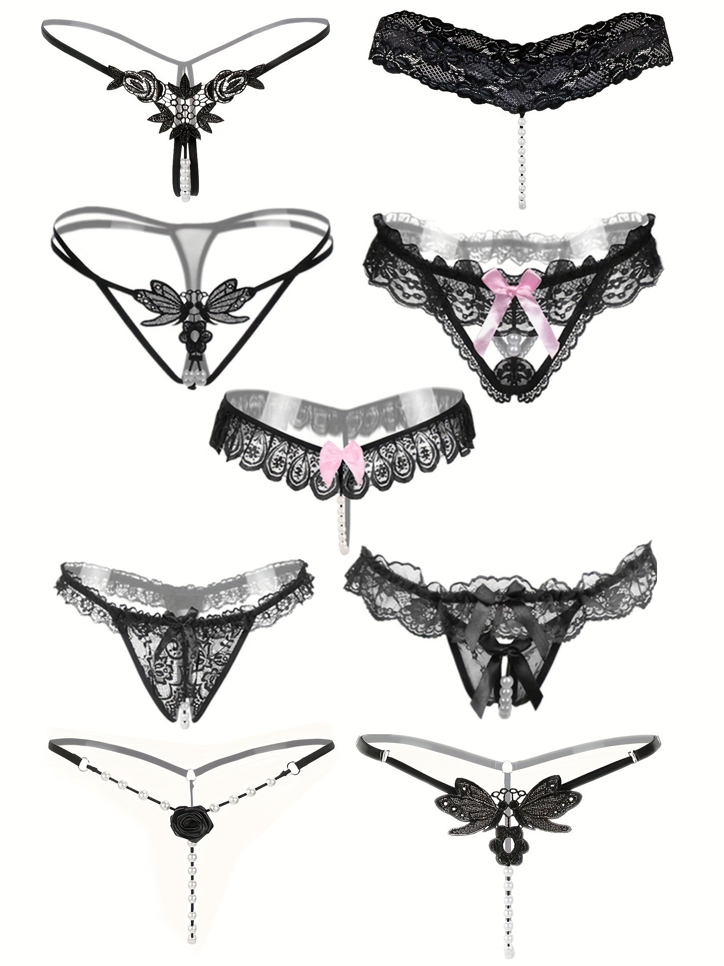 9 PCS Set Women's Adjustable Sexy Thongs with Embroidered Hollow-Out Design, Pearl-Embellished Crotchless Panties - Black, Lace Trim, Comfort Fit for Intimate Wear, Intimate Apparel | Sexy Thong Design | Adjustable Strap
