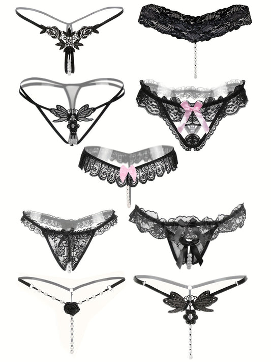 9 PCS Set Women's Adjustable Sexy Thongs with Embroidered Hollow-Out Design, Pearl-Embellished Crotchless Panties - Black, Lace Trim, Comfort Fit for Intimate Wear, Intimate Apparel | Sexy Thong Design | Adjustable Strap