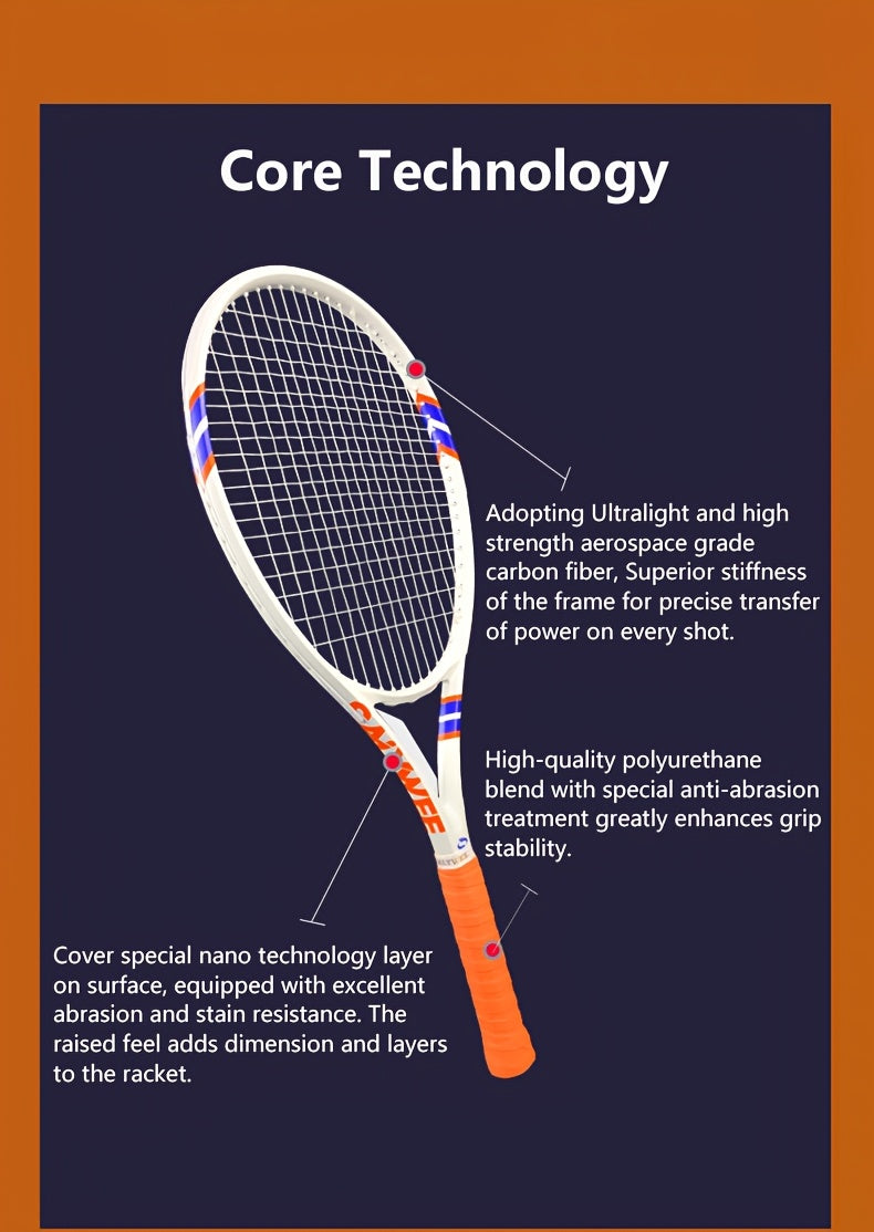 NEW POWER 2.0 Carbon Fiber Tennis Racket, 50-60lbs, 310±10g, Professional-Grade for Advanced Players, Unisex-Adult, Shock Absorbers Included, Sports Accessories