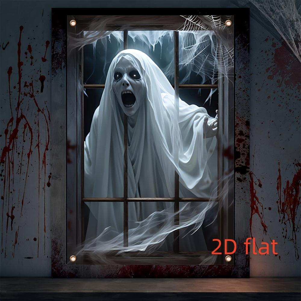1-Pack Scary window banner - Halloween Decoration with Hanging Chains, No Electricity Needed, Easy to Hang Indoor/Outdoor - Spooky Party, Haunted House, Home Decor - Durable Polyester Fabric for Year-Round Halloween Displays,