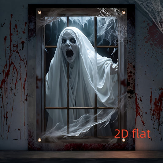 1-Pack Scary window banner - Halloween Decoration with Hanging Chains, No Electricity Needed, Easy to Hang Indoor/Outdoor - Spooky Party, Haunted House, Home Decor - Durable Polyester Fabric for Year-Round Halloween Displays,