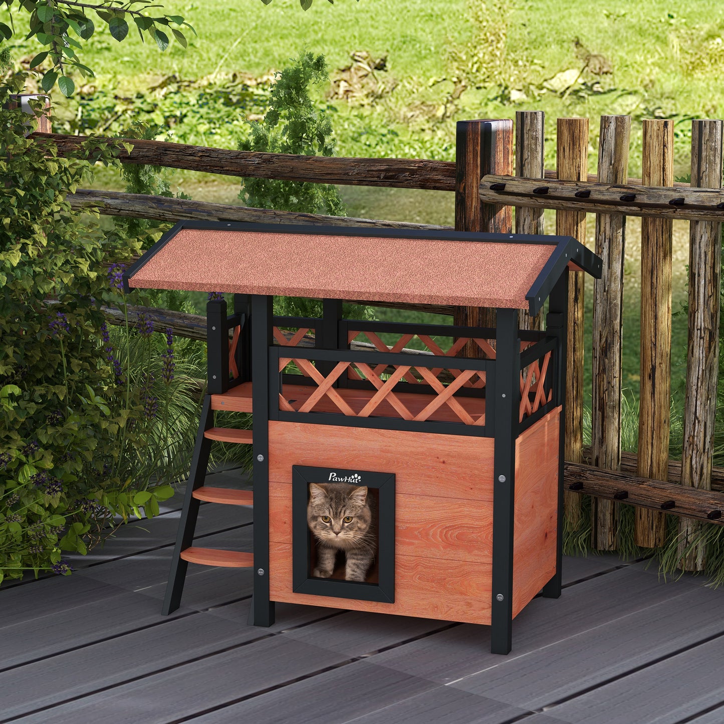 Outdoor Cat House Kitten Shelter Puppy Kennel with Balcony Stairs Asphalt Roof, 77 x 50 x 73 cm