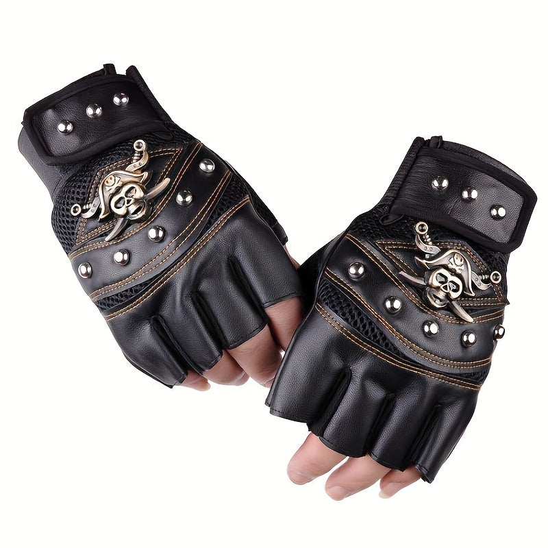 Gothic Scull Skeleton Outdoor Sports Gloves, Skull Half-Finger Gloves, Pirate Gloves,  Rivet Women Men's Sports Gloves