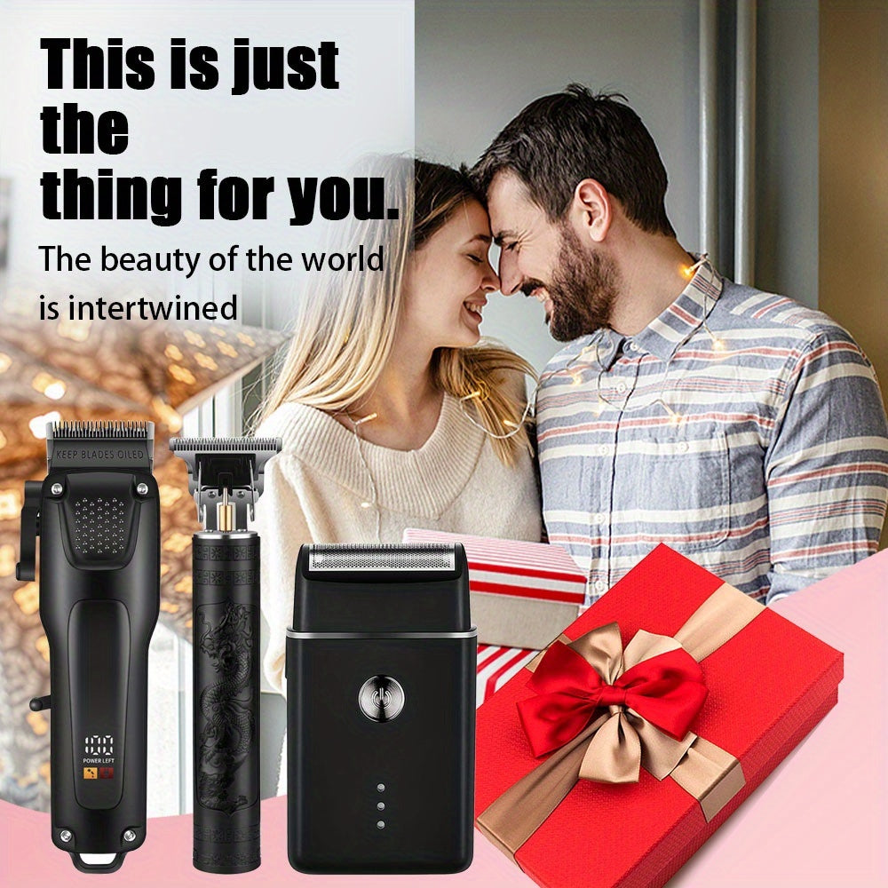 3 PCS Set Men's Professional Hair & Beard Grooming Kit - Cordless Clippers with LED Display, Precision Trimmer Set, USB Rechargeable, for Home Use, Perfect Holiday Gift