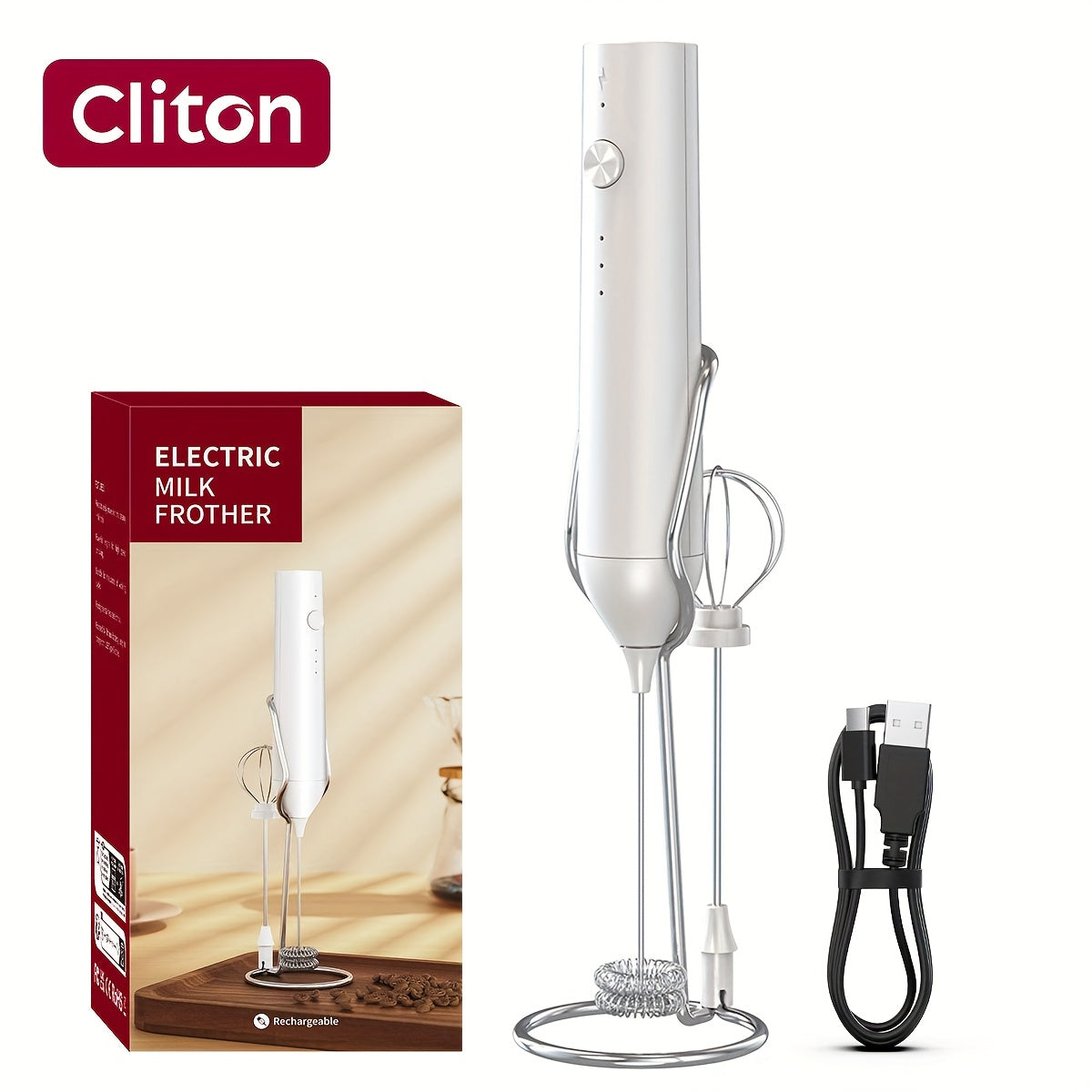 Rechargeable Electric Milk Frother, Handheld Foam Maker Whisk with 2 Heads 3 Speeds Drink Mixer, Built-in Mixing Heads for Both Milk Beaters And Egg Beaters, Quick Foaming Coffee Whisk for Coffee, Latte, Wedding Gifts, Portab