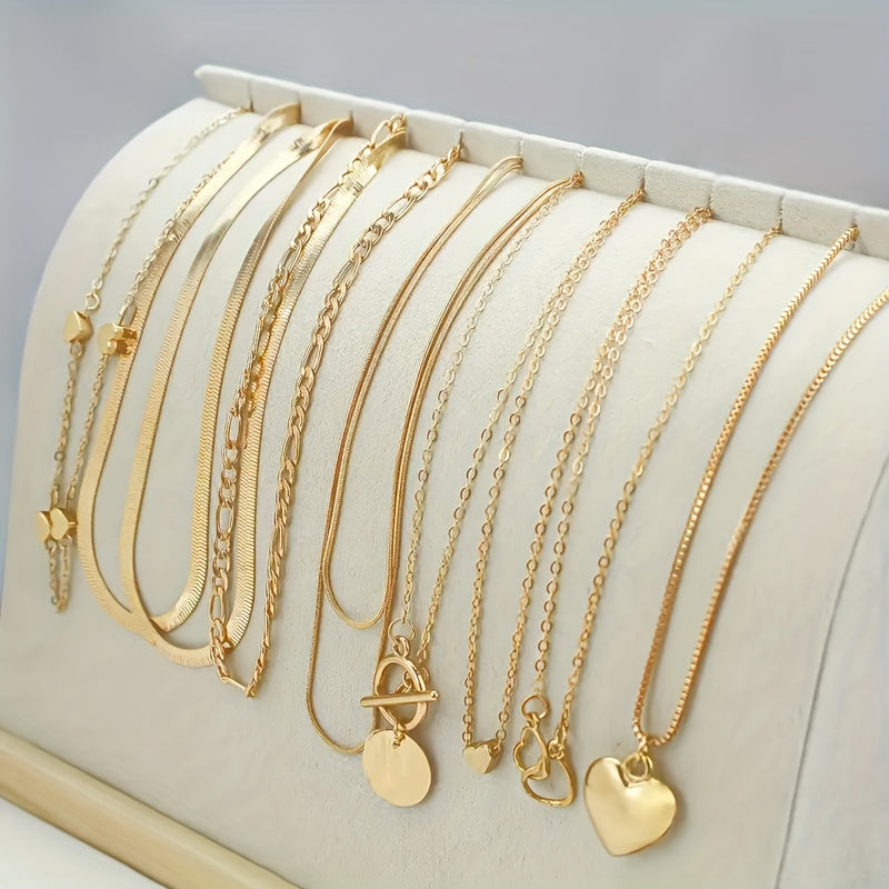 10 PCS Set Luxury Necklace Set Featuring Vintage Heart And Geometric Pendants with Snake Chains And OT Clasps, Perfect for Everyday Wear, Parties, And Gifts Women Jewelry Accessory Sets