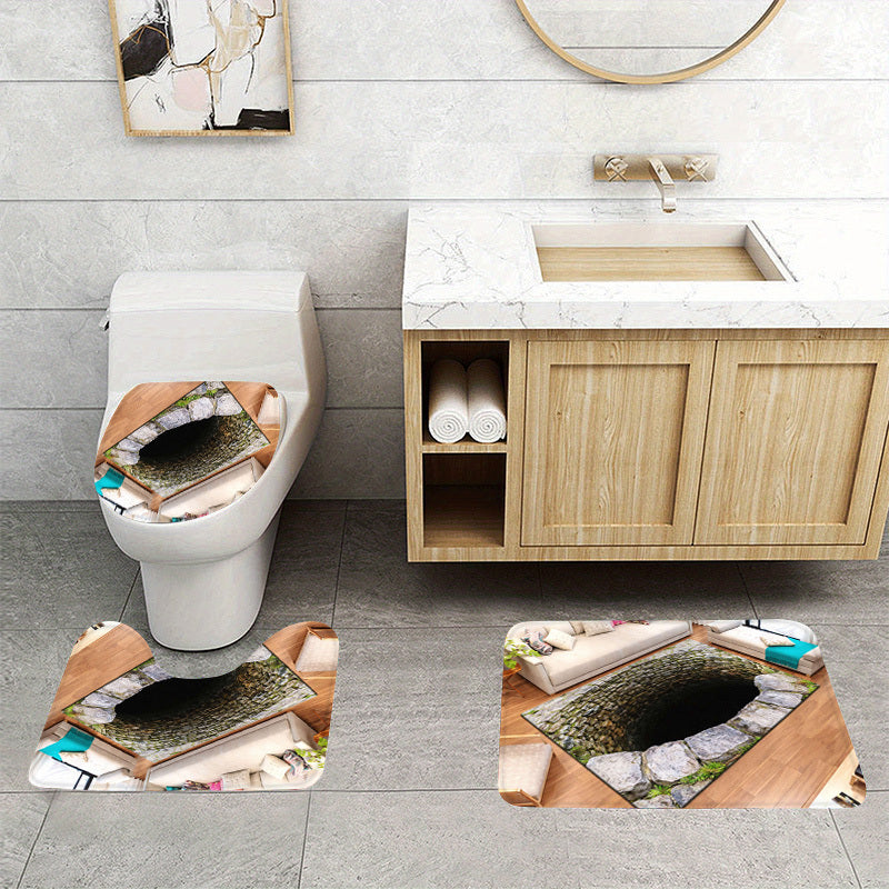 3 PCS Set Old Stone Well Pattern Plush Flannel Non-Slip Toilet Mat | Absorbent, Washable, Decorative, Realistic 3D Illusion for Bath, Home Accents, Entrance, Kitchen, Living Room