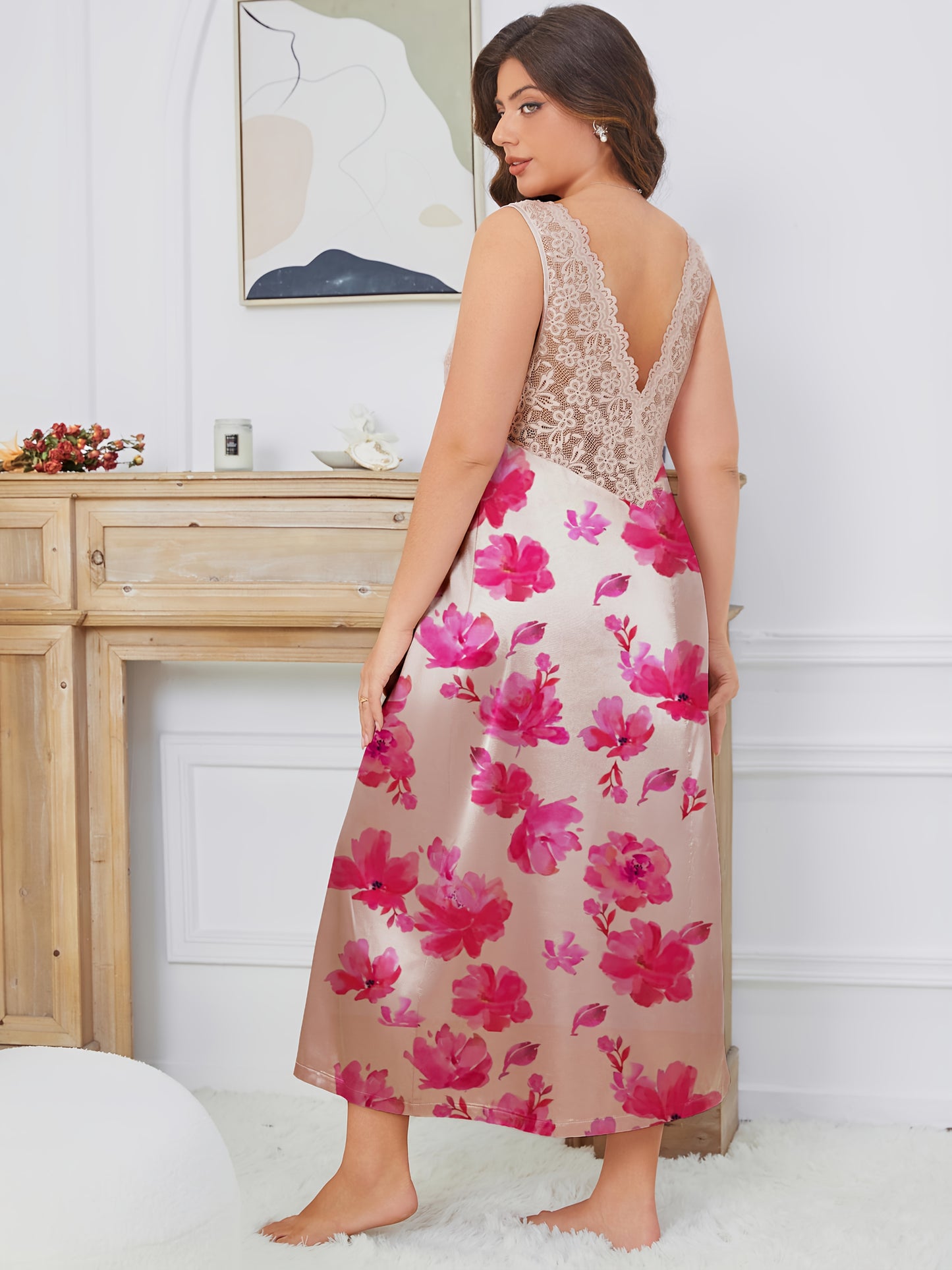 For Curvy Ladies L-4XL UK ( 18-26) Plus Size Women's Solid Color Black/Pink  Lace Trim V-Neck Nightgown - Elegant Satin Blend, ,All-Season Sleepwear Women Luxury Loungewear
