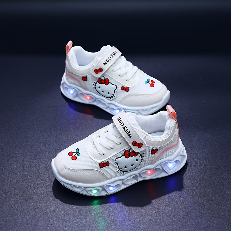 Girls' Glow-In-The-Dark Sneakers with Lights - Pink & White Kitty Design, Soft EVA Cushioned Insole & Durable PVC Sole, Breathable Mesh & Fabric