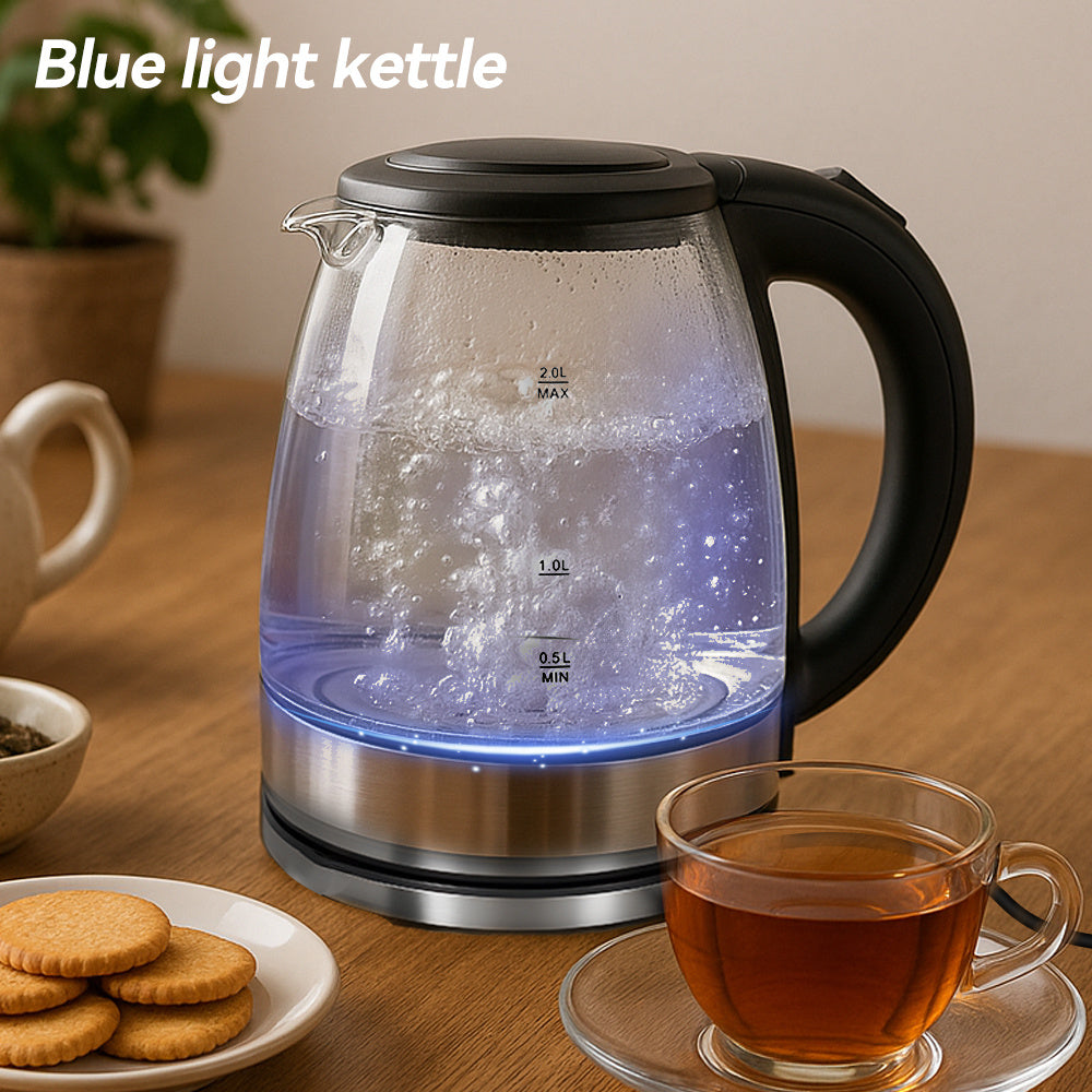 2L Electric Kettle Glass Fast Boil 1000W Teapot Blue LED With Stainless Steel Fast Boiling Auto Shut-off UK Plug
