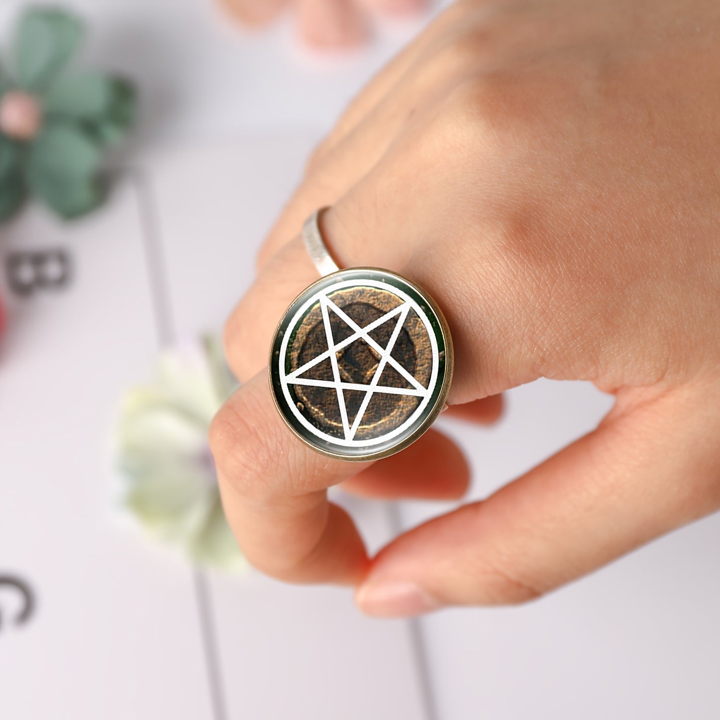 Pentagram Secret Society (unisex Wide-band Ring with Inlaid Patterns), Featuring a Mysterious Pentagram Design with a Vintage Metallic Finish and Circular Motif on a Dark Background. The Adjustable Width Ensures Comfortable W
