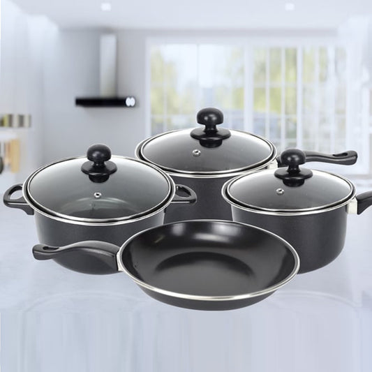 4 PCS Set + 3 Lids Black Non Stick Cookware Set Cooking Pot Frying Pan Saucepan With Lids Kitchen Cooking Accessories