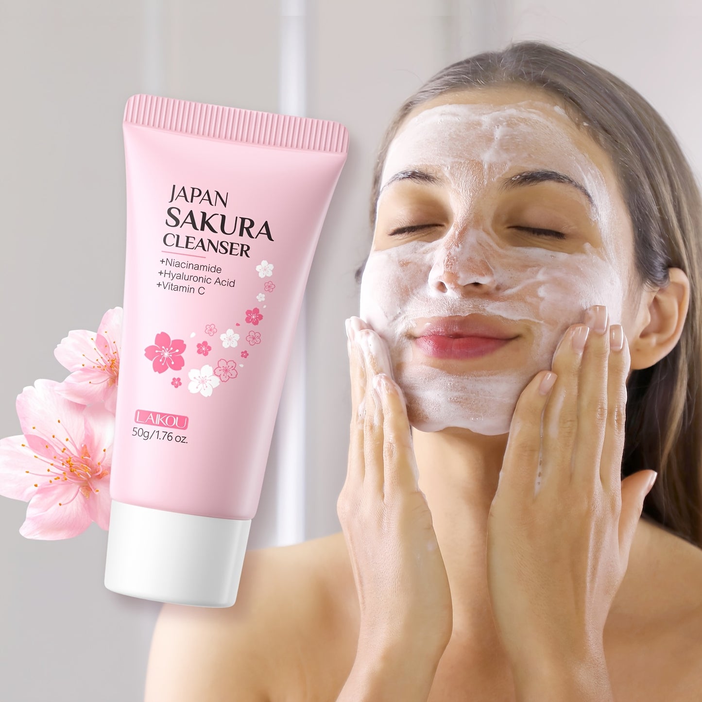 15PCS Set Japanese Sakura Facial Cleansing & Moisturizing with 5pcs Sleeping Mask, 5pcs Lip Mask, 50g Facial Wash, 80g Facial Scrub, Cute Hairband & Cleansing Brush, Gently Clean Skin, Free Gift Of Aloe Vera Foundation, Full