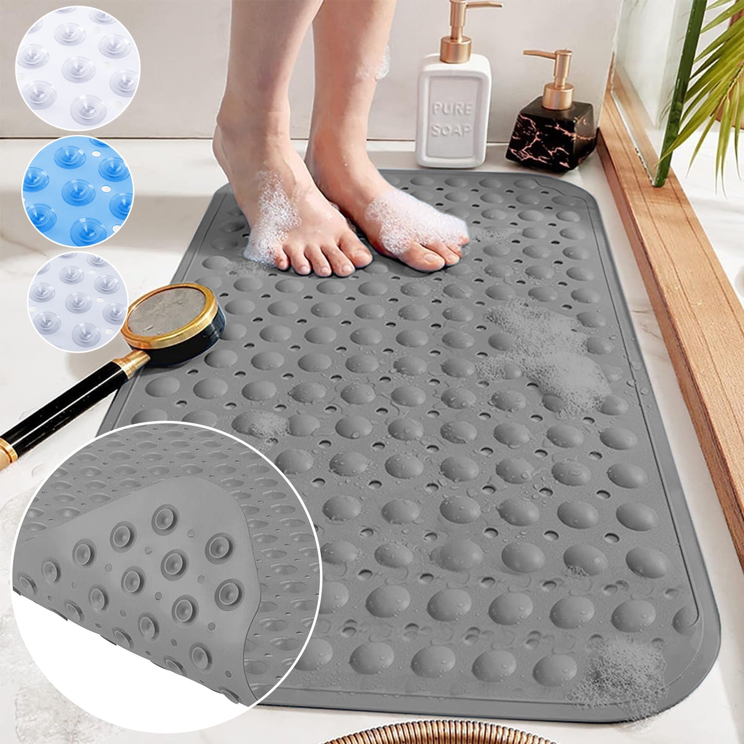 Large Shower Mat – Light Blue/Crystal/White Color Non-Slip, Strong Suction Cups & Drain Holes, Quick-Dry, Machine Washable, Durable & Comfortable for Bathtub and Bathroom Floor Use