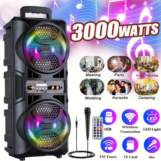 3000W Portable Wireless PA Speaker -Dual 16.51cm With Subwoofer Heavy Bass Rechargeable Indoor/Outdoor Camping Karaoke Audio System High Quality Sound -LED Colorful Lights, FM/AUX/MP3/USB/SD, Handle, For Home, Party, Travel,