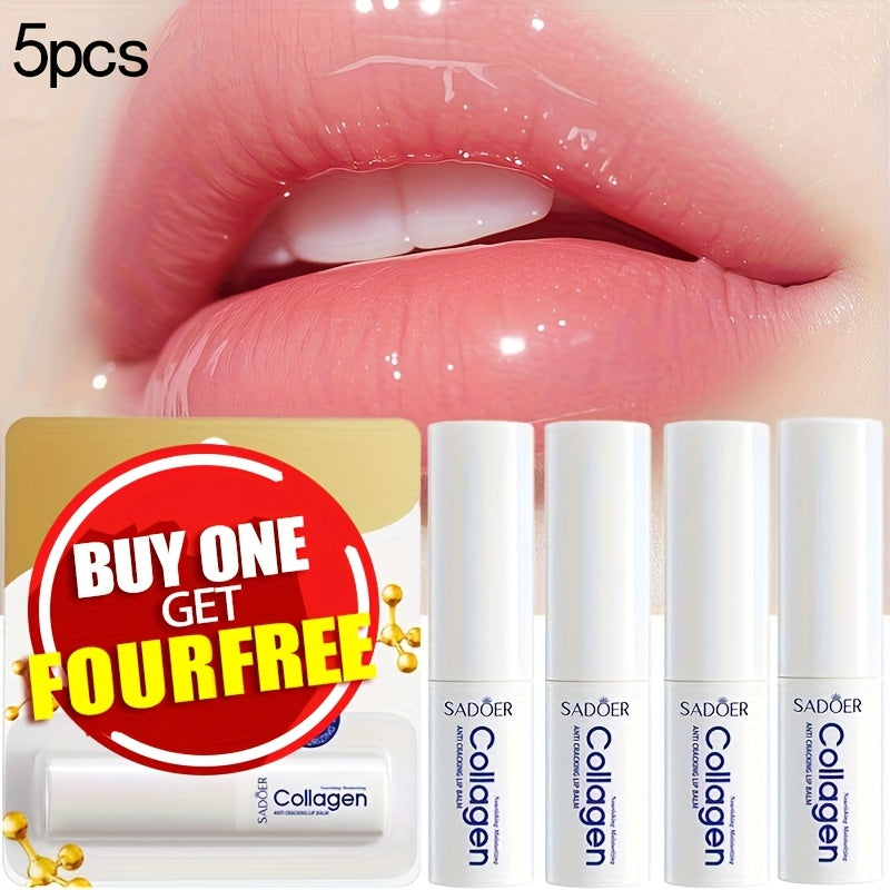 5 PCS Set Korean Collagen Lip Balm - Moisturizing & Nourishing Lip Care, Hypoallergenic, Glossy Finish, Perfect for Spring, Autumn, Winter, Ideal Gift, All Skin Types, Lip Care Essentials | Glossy Finish Lip Balm | Gentle Tex