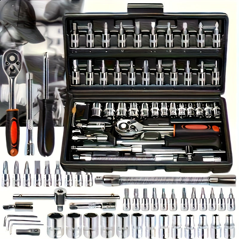 NEW 46PCS Set MGJJ Heavy-Duty Tool Set | Precision Ratchet Wrench, Screwdriver Bits & Sockets - Metal, Universally Applicable for Auto Repair, Bike Maintenance, Home - Professional & Tool