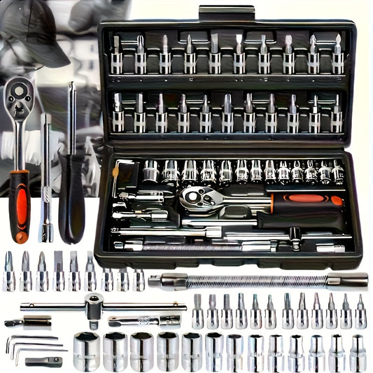 NEW 46PCS Set MGJJ Heavy-Duty Tool Set | Precision Ratchet Wrench, Screwdriver Bits & Sockets - Metal, Universally Applicable for Auto Repair, Bike Maintenance, Home - Professional & Tool