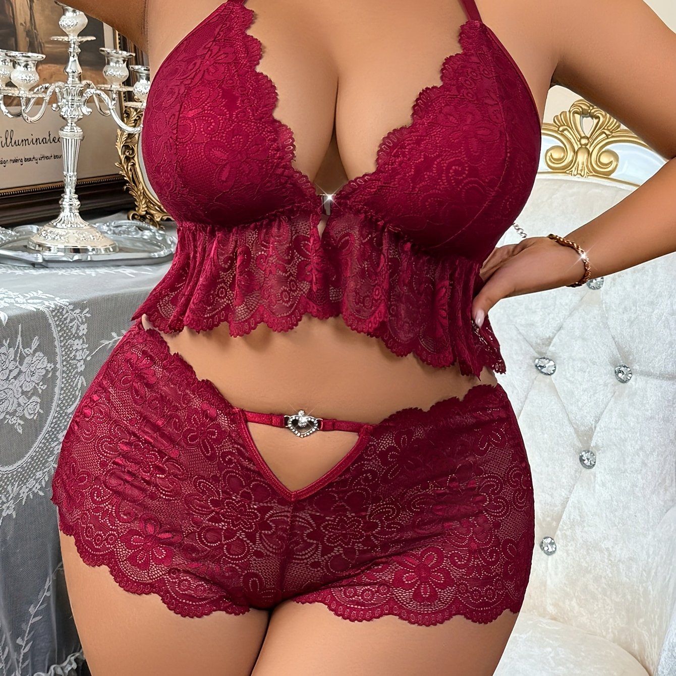 XL-7XL For Curvy Ladies 2 PCS Set UK Plus Size Front-Closure Lace Panel Sexy Back Three-Ring Buckle Lingerie Set with Heart-Shaped Hollow Pants Big Women Sexy Lingerie Sets