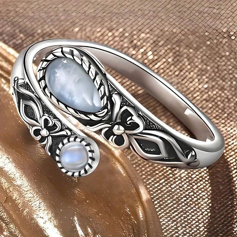 Bohemian Flower Moonstone Ring for Women - Adjustable Open Ring with White Copper, Vintage-Inspired Design for Daily Wear & Special Occasions, Vintage Jewelry, Bohemian Style, Moonstone Accent
