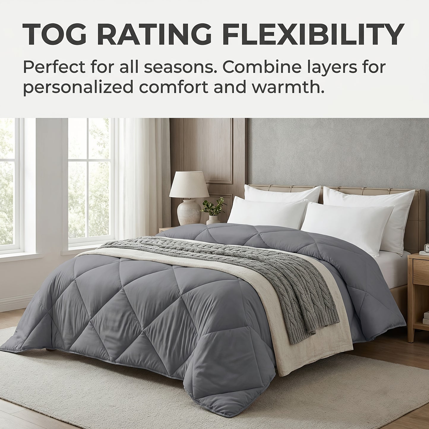 Tog 2.5 | 7.5 | 13.5 Grey All-Weather Diamond Patterned Duvet Quilt Comforter | All-Weather Airy Lightweight Cozy Bedding for Home And Hotel