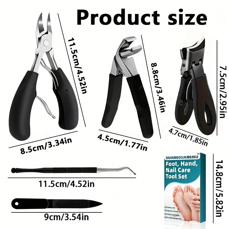5 PCS Set Stainless Steel Nail Care Kit for Ingrown & Thick Toenails - Heavy-Duty Clippers Set with Nail File, Cuticle Nippers, Toenail Clippers for Seniors Thick Toenails - Classic Black Handles for Men, Women, Seniors, Foot