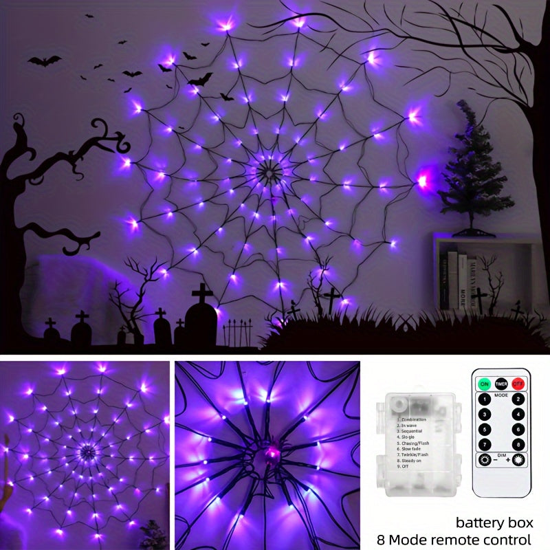 1pc,Halloween Spider Web Lights, 70 LED Purple,Orange, Halloween Light String 8 Modes, Net Lights for Party, Bedroom, Bar, Haunted House, Halloween Decoration(Purple,Orange)
