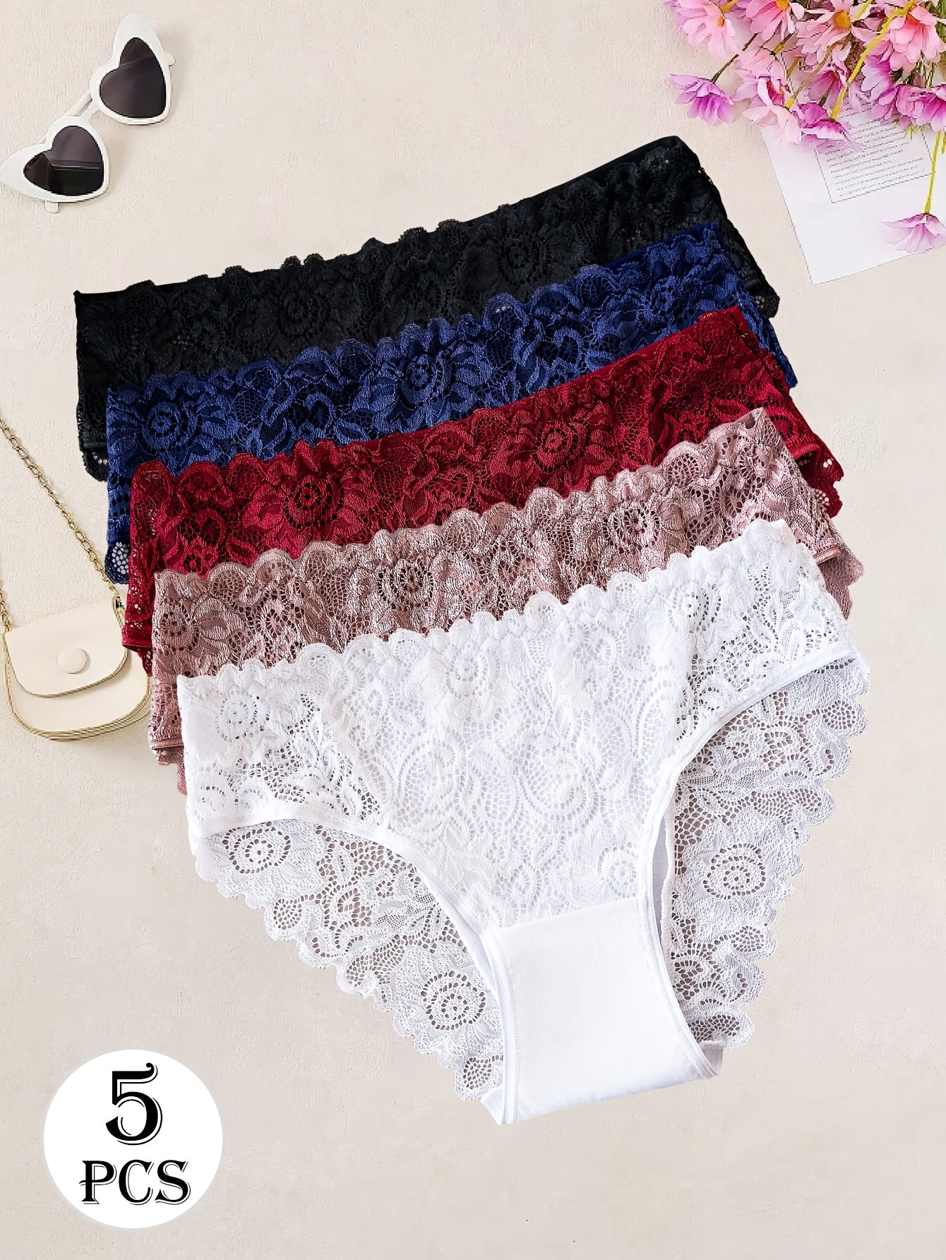 For Curvy Ladies UK XL-5XL (18-26) Plus Size 5 PCS Set Sexy Lace Panties, Comfortable and Breathable Mid-rise Underwear, Semi-transparent Lace Panels with Floral Prints, Perfect for Summer Beach Bikinis