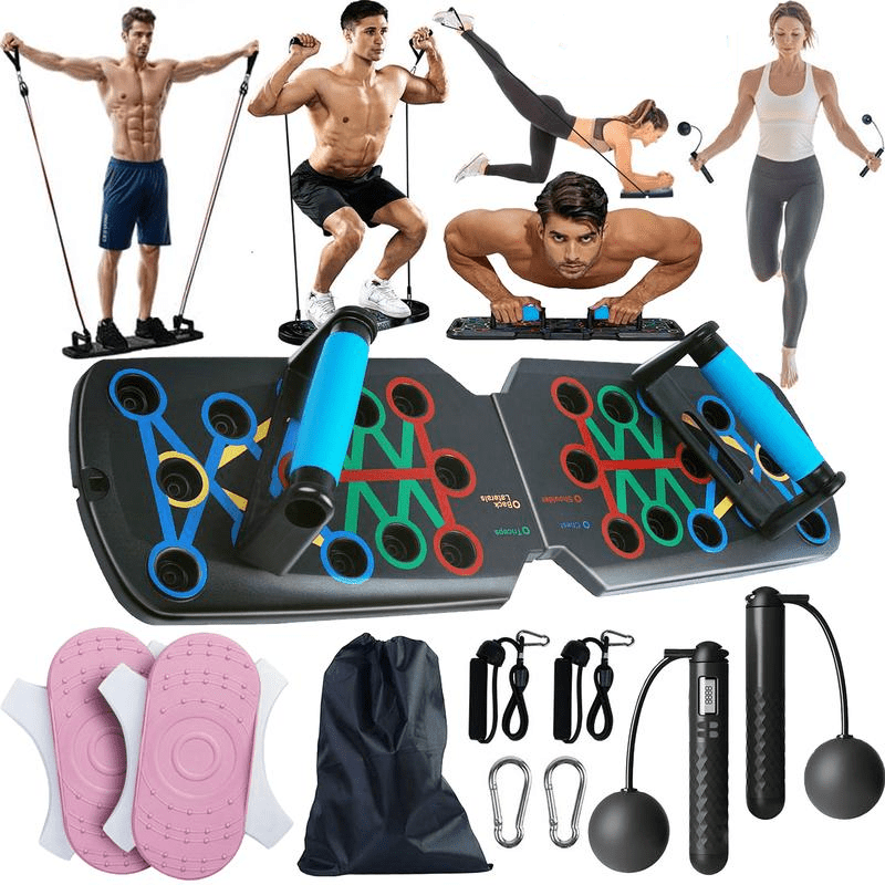 4 in 1 Full Set Home Gym Fitness Kit within Functional Pushup Board and Resistance Bands, Counting Jump Rope with Gravity Ball, Twisting discs for Contouring- Muscle Training and Stretching, Aerobics, Fat Loss and Sculpting H