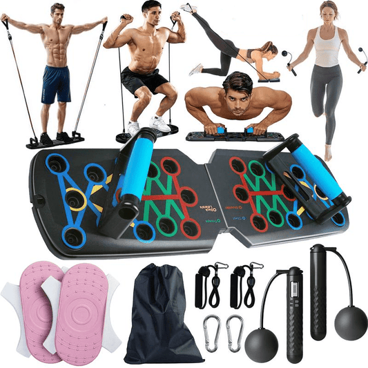 4 in 1 Full Set Home Gym Fitness Kit within Functional Pushup Board and Resistance Bands, Counting Jump Rope with Gravity Ball, Twisting discs for Contouring- Muscle Training and Stretching, Aerobics, Fat Loss and Sculpting H