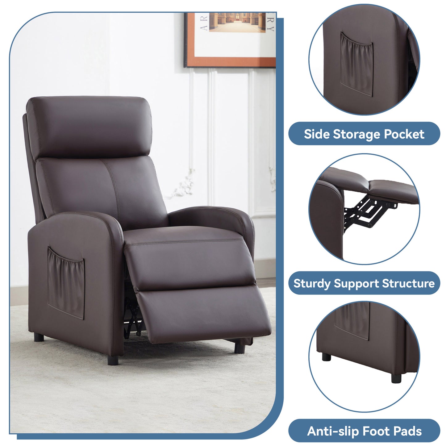 Push Back Recliner Chair Bed , Single Sofa with Lumbar Support, Padded Backrest, Side Pocket and Adjustable Leg Rest for Home Living Room