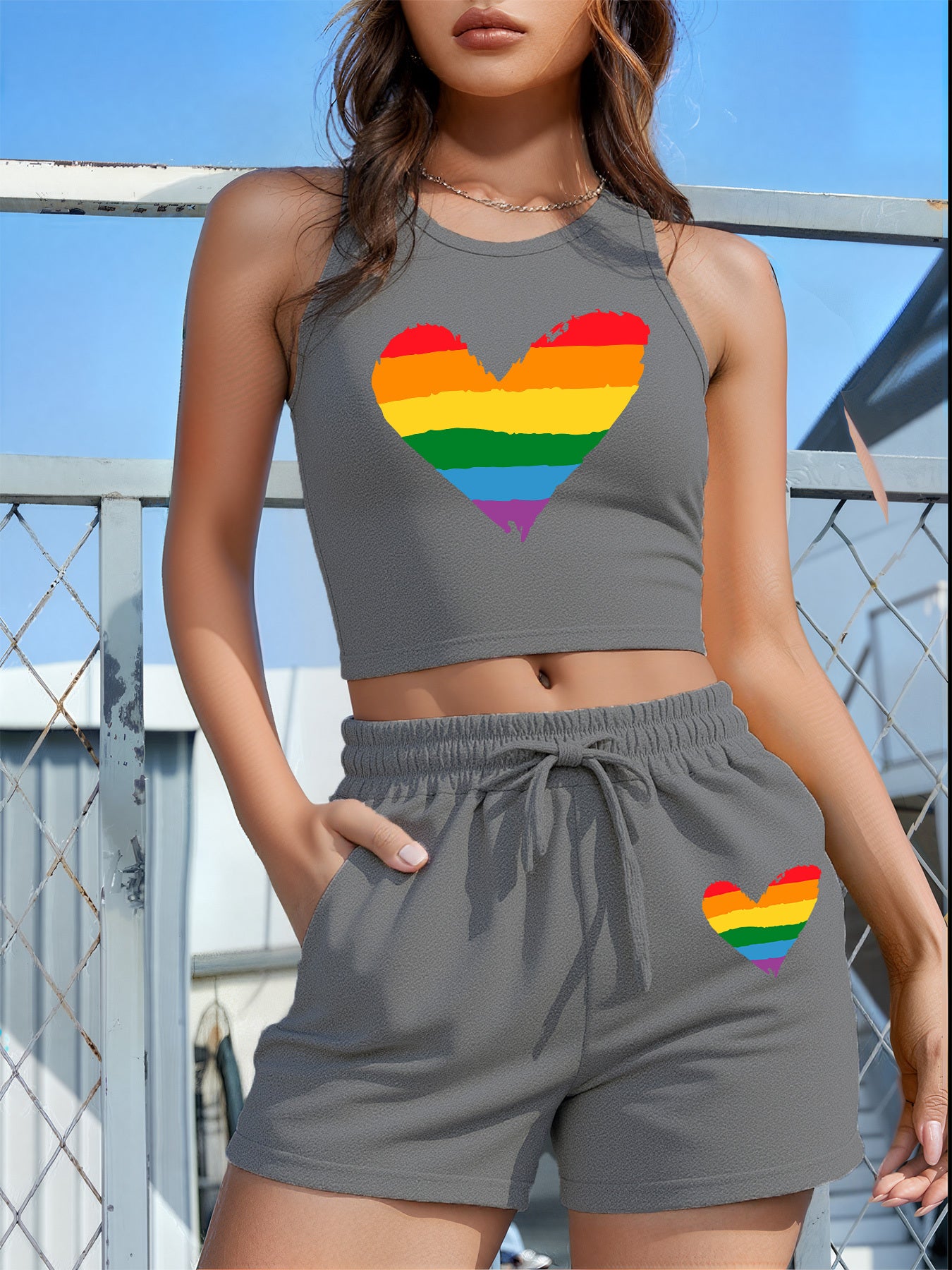 2PCS Set 5 Colors Women's LGBTQ+ Pride Heart Graphic - Sleeveless Vest & Loose Shorts Outfit in Red with Green/Purple Stripes, Drawstring Waist - Machine Washable Lounge, Party, Everyday Outfits