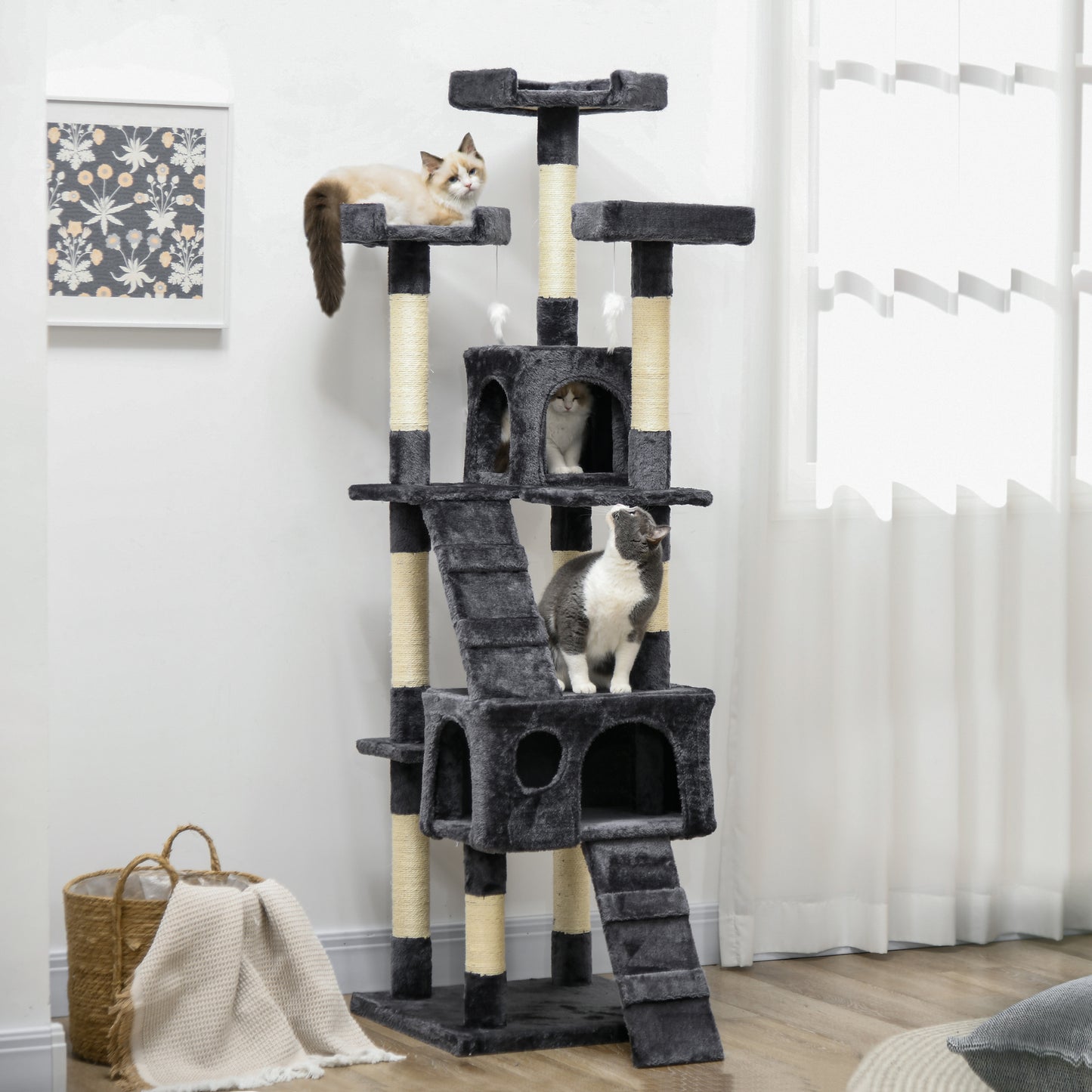 Cat Tree for Indoor Cats, 173cm Cat Tower Scratching Post Tall Climbing Tower, Activity Centre House - Charcoal Grey