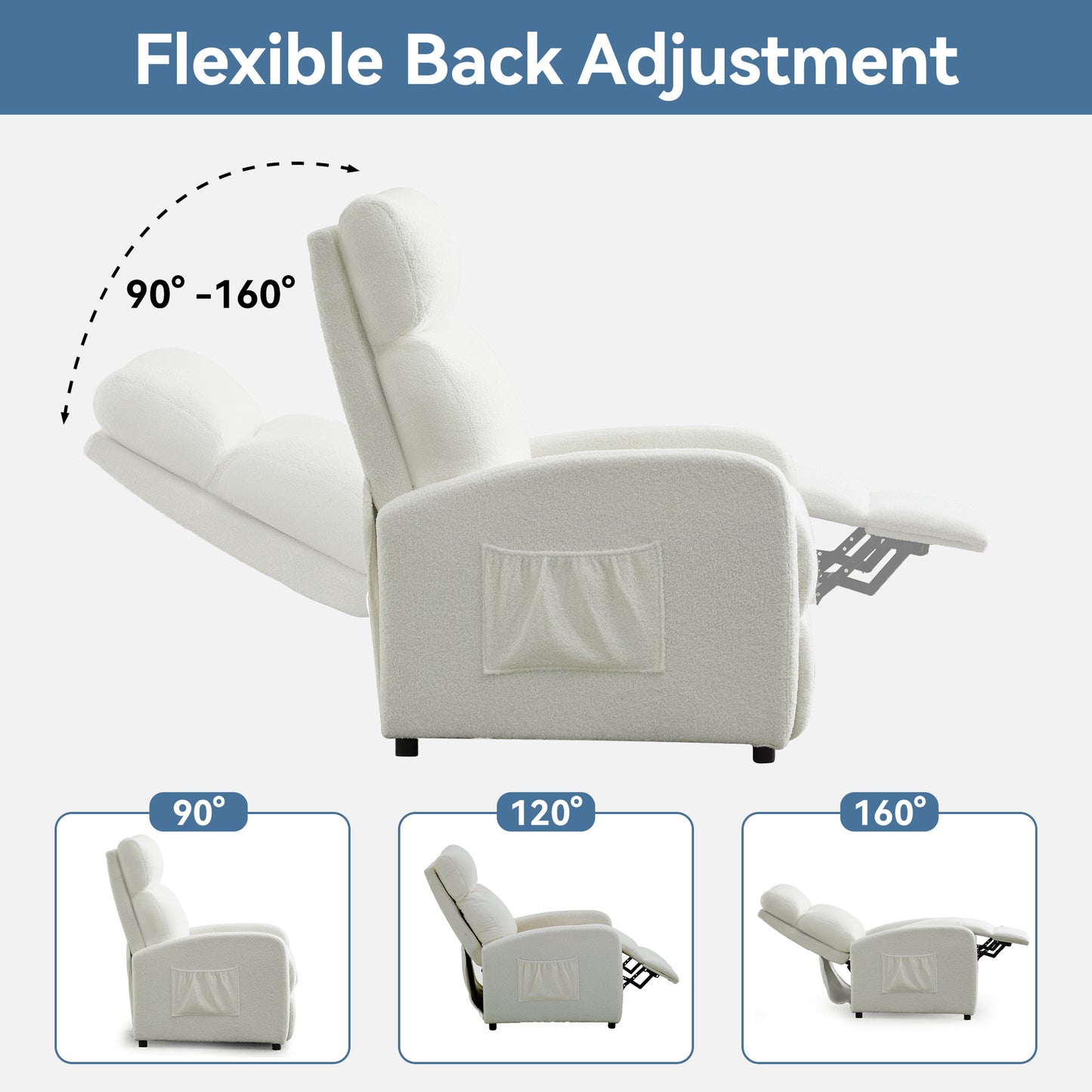 Push Back Recliner Chair Bed , Single Sofa with Lumbar Support, Padded Backrest, Side Pocket and Adjustable Leg Rest for Home Living Room