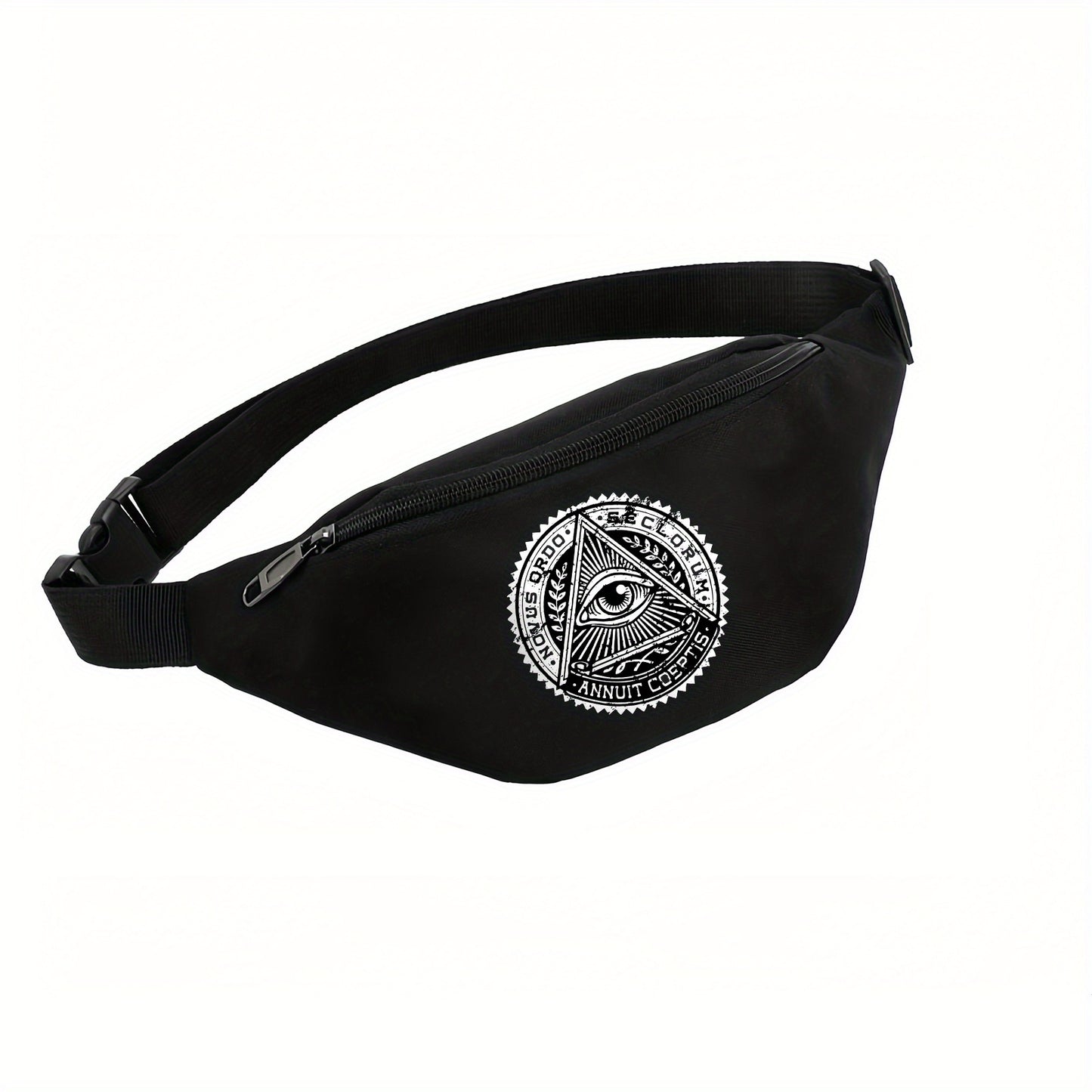 Illuminati Eye Magic Triangular Secret Society Waist Bag - Adjustable, Shoulder Bag for Men & Women - Perfect for Hiking, Running & Cycling - Black Oxford Fabric with White Geometric Design, Running Belt Bag | Mystical Design