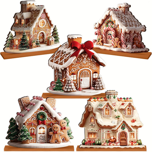5PCS Set Gingerbread Christmas Table Decorations, Wooden Gingerbread House Centerpieces for Winter Home & Kitchen Decor, Festive Holiday Ornaments, Seasonal Home Decor, Bohemian Style, Handcrafted Decor, Decorative Sign, Ging