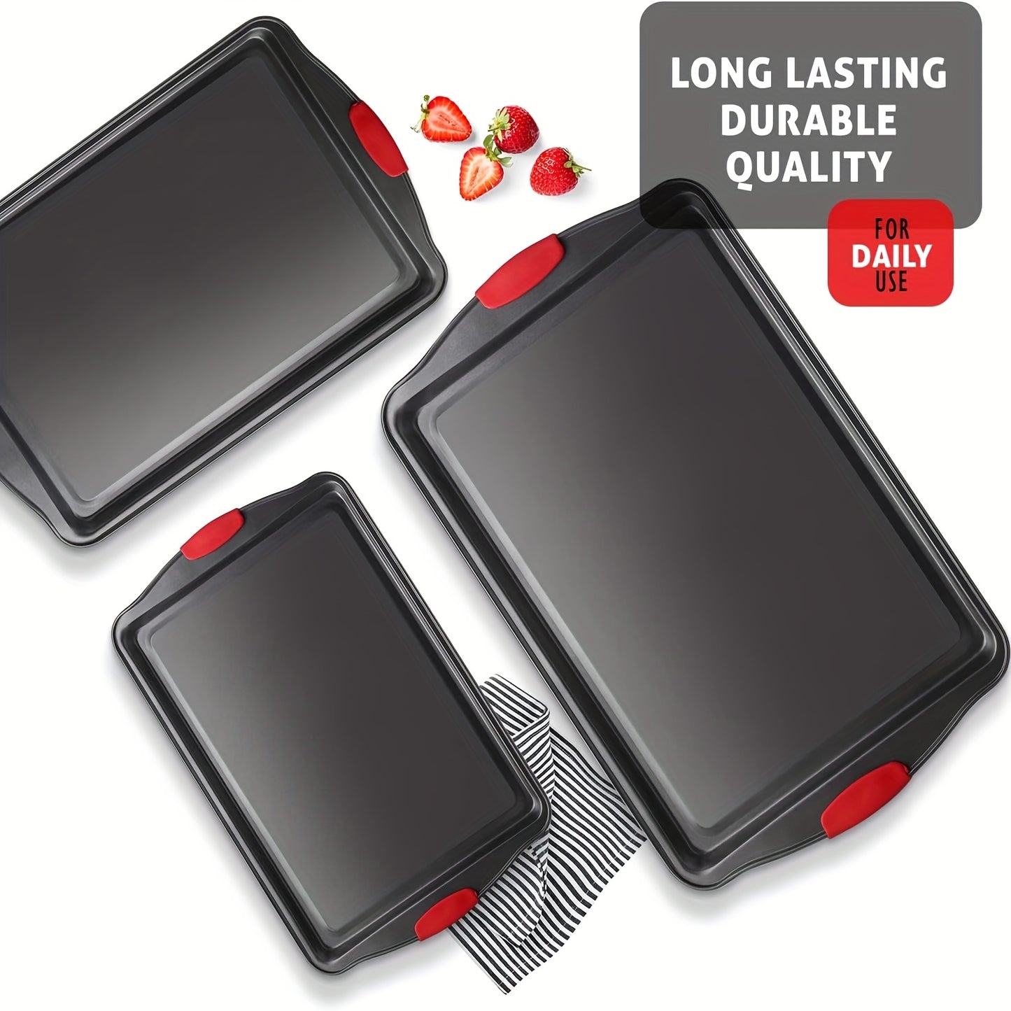 3 PCS Set Non-Stick Pan Baking Tray, with Red Silicone Handle, Kitchen Baking Plate, Heat-resistant and Non-Sticking, Home Use Baking Tray, Cake, Oven Cookie Baking, Rectangular Cookie Tray, Easy to Clean, Suitable for Cookie