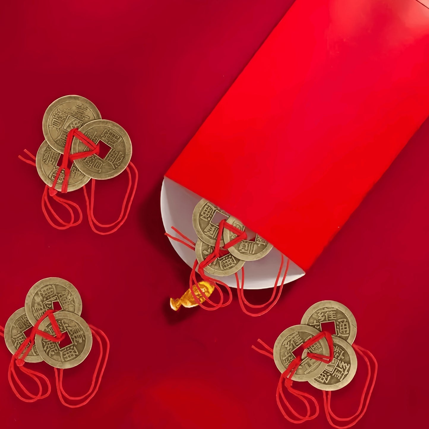 NEW 9 PCS  Retro Chinese Traditional Red Rope Lucky Coins - Antique Brass Feng Shui Decorative Pendant, Feng Shui Decoration, New Year, Spring Festival, Christmas Decoration, Feng Shui Accessories