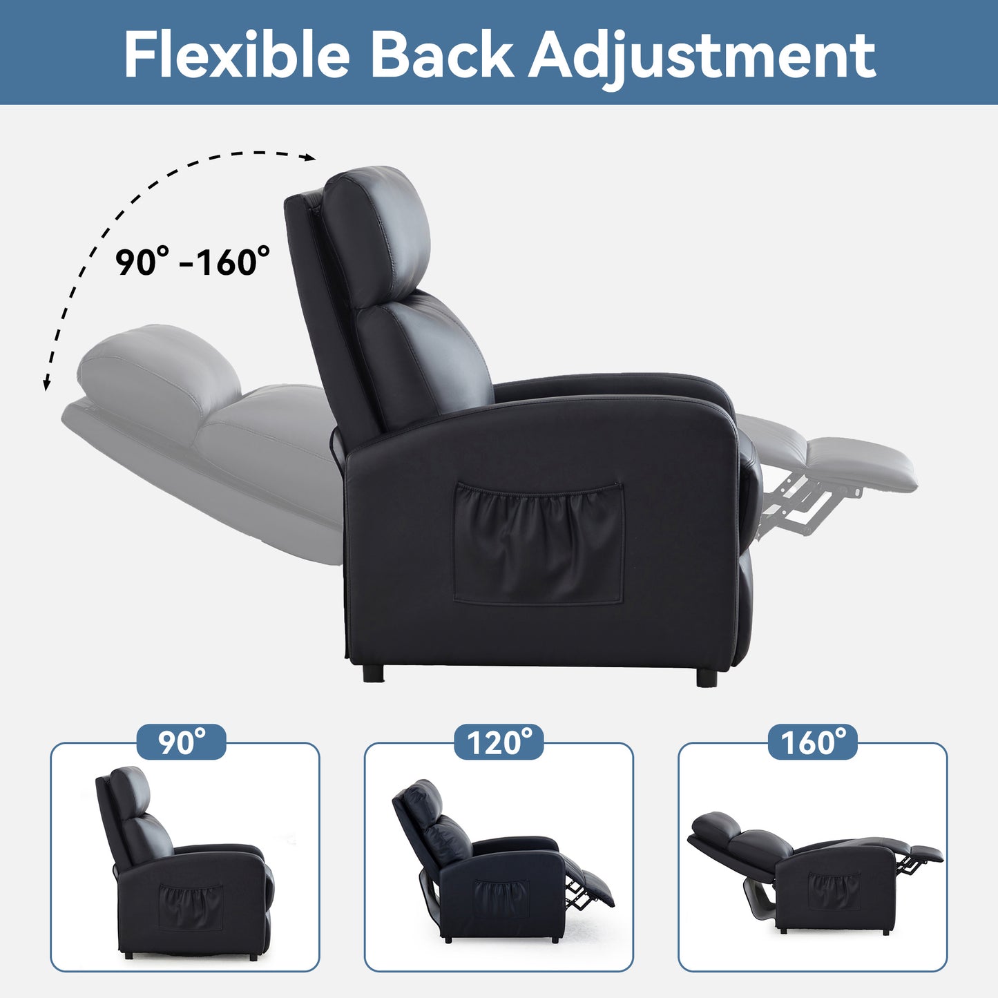 Push Back Recliner Chair Bed , Single Sofa with Lumbar Support, Padded Backrest, Side Pocket and Adjustable Leg Rest for Home Living Room