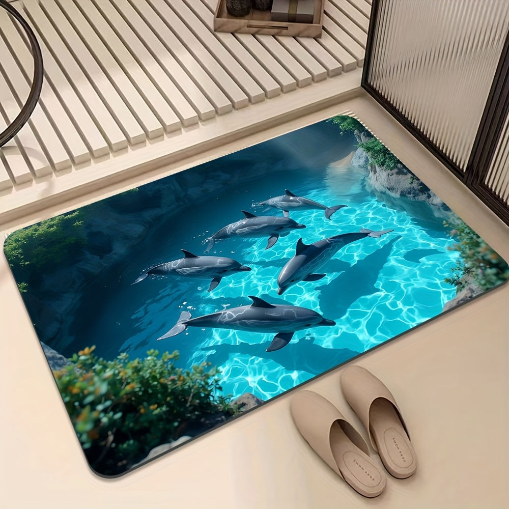 Crystal Velvet Non-Slip Ocean-Themed Bath Compatible for Shower Bathtub - Dolphin & Turquoise Sea Design Soft Bath Mat with Non-Slip Backing, Aquatic Mat Suitable for Bathroom, Kitchen, Laundry Room