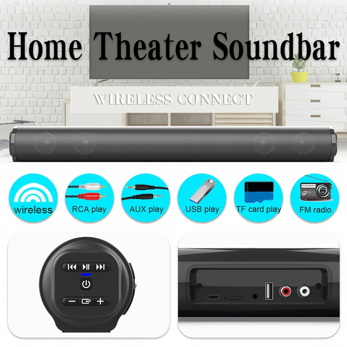 20W High-Power Wireless Soundbar With Surround Sound, Remote Control, Wall Mountable, Supports AUX, TF Card, FM Radio For TV & Home Theater