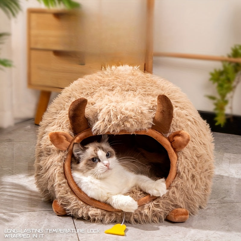 Yak-Shaped Cat Bed, Classic Style, Polypropylene & Foam, Warm Winter Pet House, Assembleable, for Cats & Small Pets