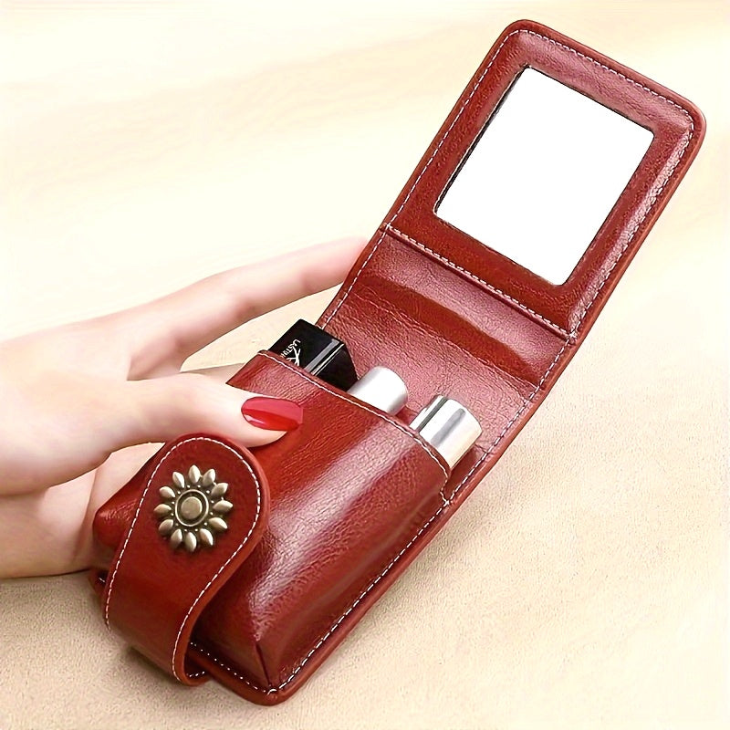 A Stylish And Elegant Mini Makeup Case PU Leather, Featuring a Mirror And a Snap Closure, Perfect for Daily Use And Travel. This Portable Beauty Storage Bag Comes in Red And Brown, with Fashionable Snap Closure And Metal Rive