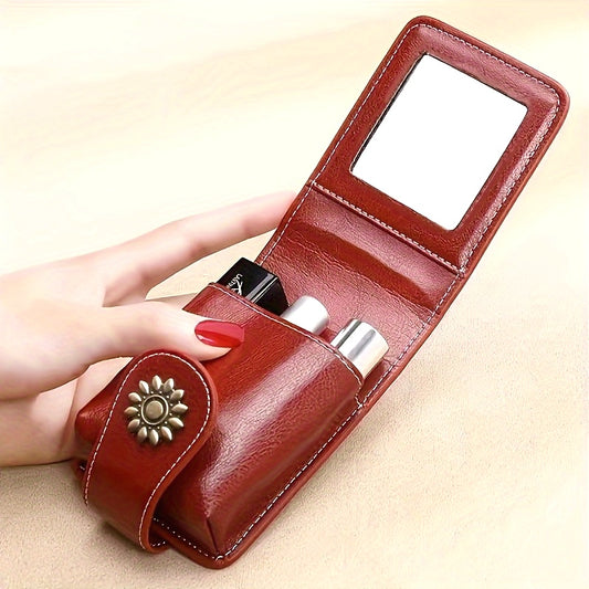 A Stylish And Elegant Mini Makeup Case PU Leather, Featuring a Mirror And a Snap Closure, Perfect for Daily Use And Travel. This Portable Beauty Storage Bag Comes in Red And Brown, with Fashionable Snap Closure And Metal Rive