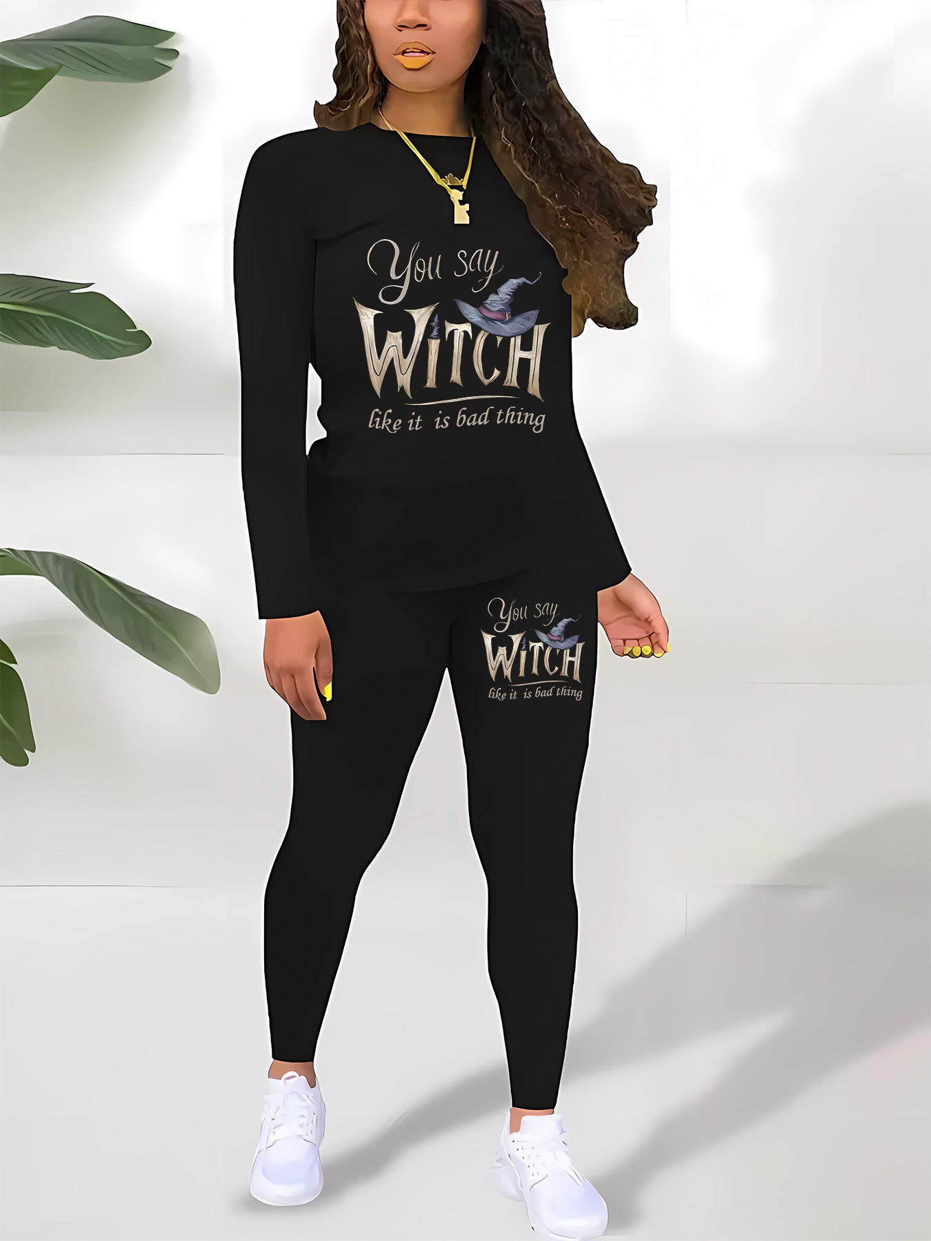 2 PCS Set Women's Casual Long Sleeve T-Shirt and Pants with "You Say Witch Like It Is Bad Thing" Witch Hat Print, Machine Washable, Soft & Breathable Fabric, Halloween Outfit Clothes, Halloween Sets